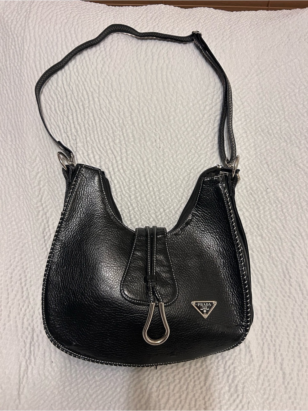 PradaR3P2 Black Pebbled Leather Shoulder Hobo with Silver Hardware